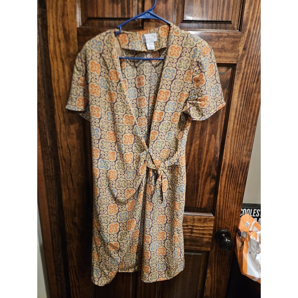 Adrianna Papell Vintage 100% Silk Floral Wrap Tie Dress Size 12 Shoulder Pads